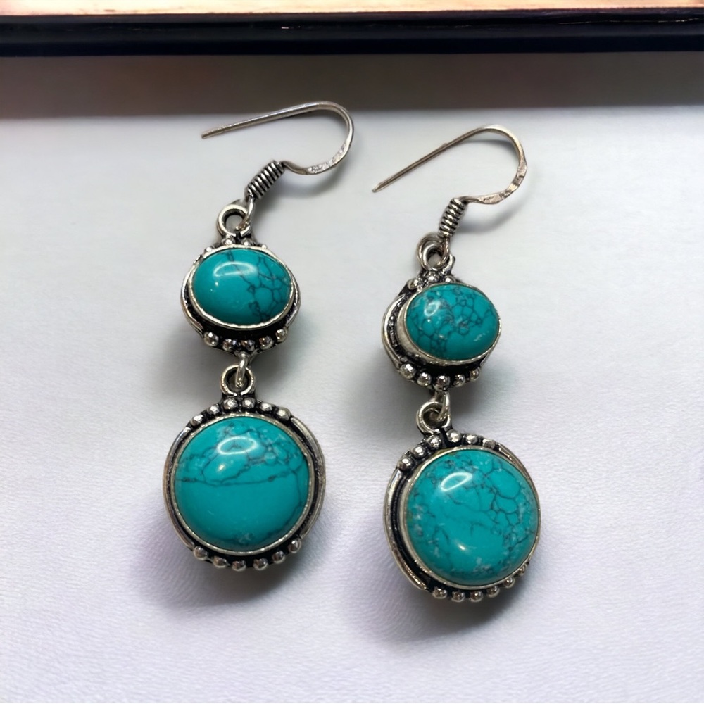 Sterling Silver antiqued bezel oval & round created turquoise drop earrings